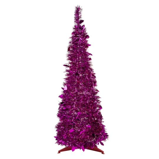 6ft. Unlit Pink Tinsel Pop-Up Artificial Christmas Tree